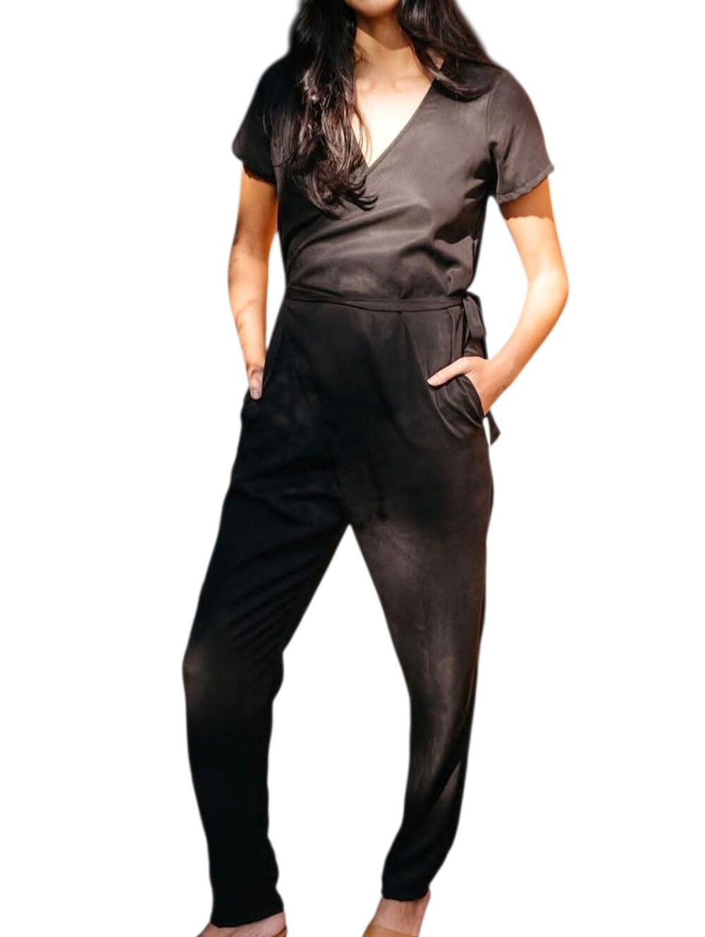 Sotela Stella Jumpsuit Women Small Black Tencel Wrap V Neck Tapered